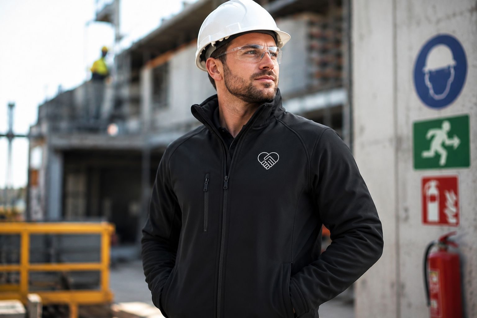 Mitarbeiter von B.o.Safety.Solutions mit Schutzhelm und Schutzbrille auf einer Baustelle